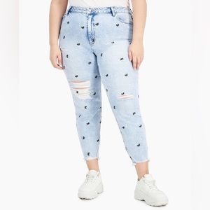 Trendy Plus Size Ripped Embroidered butterflies blue light wash Mom Jeans